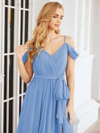 Numbersea Off The Shoulder Chiffon Bridesmaid Dress Long Formal Graduation Gown with Cowl Back 28069 by numbersea