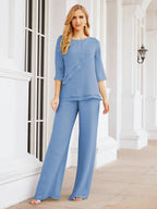 Sunnderly Elegant 2 Piece Mother of The Bride Dress Plus Size Pant Suits Ruffle Layers Sliver Housecoat SY28064 by numbersea