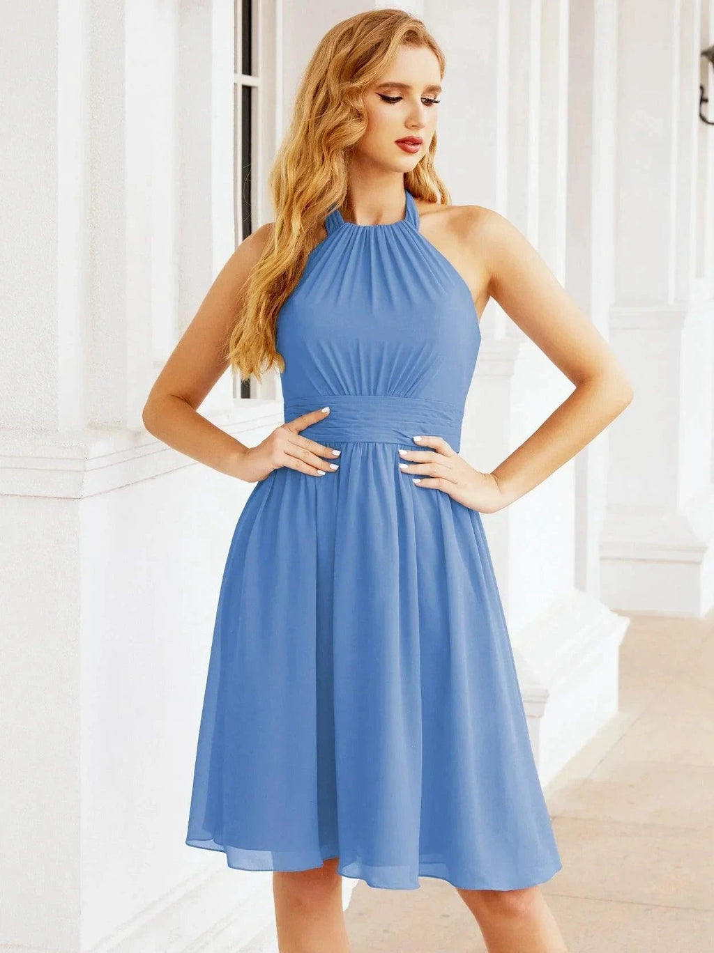 Numbersea Halter Chiffon Bridesmaid Dresses Short Sleeveless Formal Party Dress Open Back 28023 by numbersea