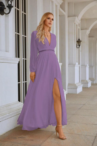Ladies V Neck Chiffon Long Sleeve Front Slit Bridesmaid Evening Dress Wedding Party Shopping Evening Dress 28109
