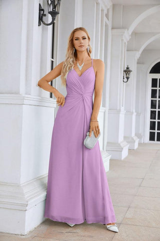 Ladies Chiffon Spaghetti Strap V Neck Front Slit Floor Length Bridesmaid Evening Dress Prom Party Wedding Evening Dress 28116