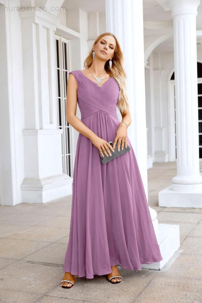 Ladies Chiffon V Neck Sleeveless Floor Length Bridesmaid Evening Dress Wedding Party Evening Dress 28126 by numbersea