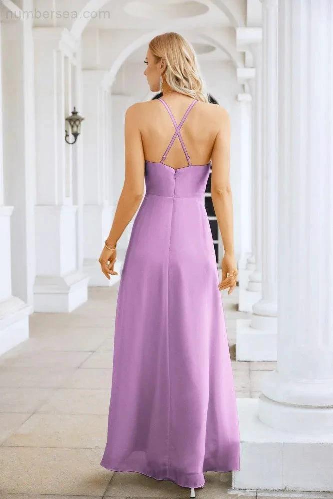 Ladies Chiffon Spaghetti Strap V Neck Front Slit Floor Length Bridesmaid Evening Dress Prom Party Wedding Evening Dress 28116 by numbersea
