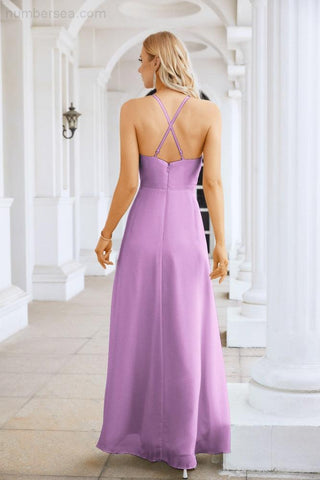Ladies Chiffon Spaghetti Strap V Neck Front Slit Floor Length Bridesmaid Evening Dress Prom Party Wedding Evening Dress 28116