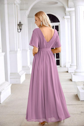 Ladies Chiffon Sleeve Crew Neck Front Slit Floor Length Bridesmaid Evening Dress Wedding Party Evening Dress 28124