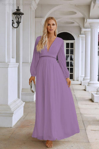 Ladies V Neck Chiffon Long Sleeve Front Slit Bridesmaid Evening Dress Wedding Party Shopping Evening Dress 28109