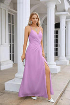 Ladies Chiffon Spaghetti Strap V Neck Front Slit Floor Length Bridesmaid Evening Dress Prom Party Wedding Evening Dress 28116 by numbersea