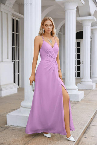 Ladies Chiffon Spaghetti Strap V Neck Front Slit Floor Length Bridesmaid Evening Dress Prom Party Wedding Evening Dress 28116