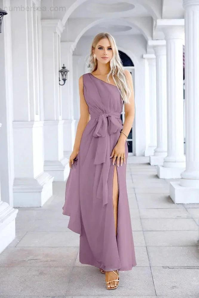 Ladies Chiffon One Shoulder Bridesmaid Evening Dress Wedding Party Evening Dress 28133 by numbersea