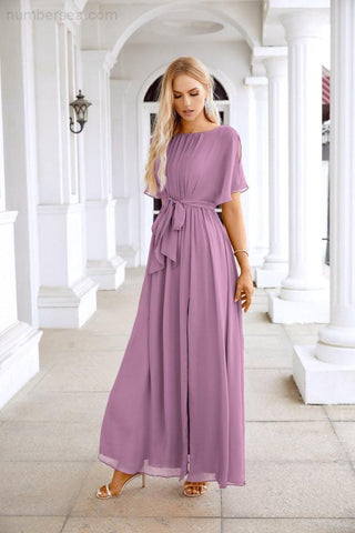 Ladies Chiffon Sleeve Crew Neck Front Slit Floor Length Bridesmaid Evening Dress Wedding Party Evening Dress 28124