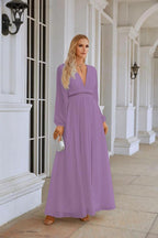 Ladies V Neck Chiffon Long Sleeve Front Slit Bridesmaid Evening Dress Wedding Party Shopping Evening Dress 28109 by numbersea