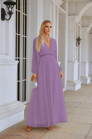 Ladies V Neck Chiffon Long Sleeve Front Slit Bridesmaid Evening Dress Wedding Party Shopping Evening Dress 28109