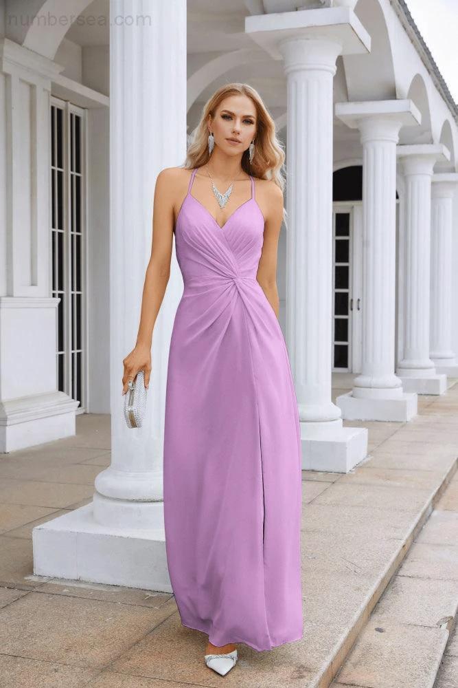 Ladies Chiffon Spaghetti Strap V Neck Front Slit Floor Length Bridesmaid Evening Dress Prom Party Wedding Evening Dress 28116 by numbersea