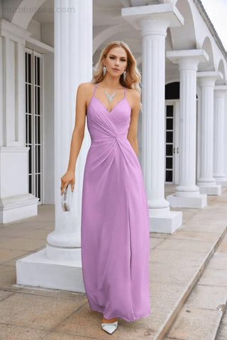 Ladies Chiffon Spaghetti Strap V Neck Front Slit Floor Length Bridesmaid Evening Dress Prom Party Wedding Evening Dress 28116