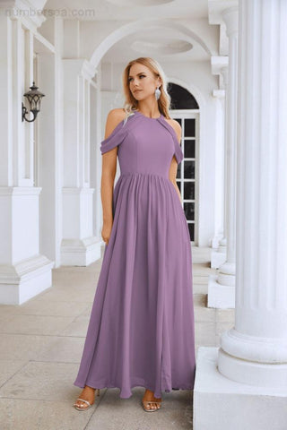 Ladies Chiffon Off Shoulder Swing Sleeve Front Slit Bridesmaid Evening Dress Wedding Party Evening Dress 28117