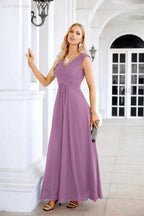 Ladies Chiffon V Neck Sleeveless Floor Length Bridesmaid Evening Dress Wedding Party Evening Dress 28126 by numbersea