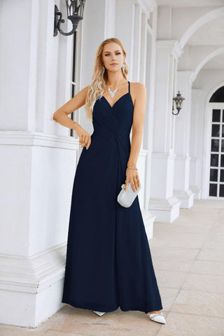 Ladies Chiffon Spaghetti Strap V Neck Front Slit Floor Length Bridesmaid Evening Dress Prom Party Wedding Evening Dress 28116