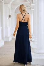 Ladies Chiffon Spaghetti Strap V Neck Front Slit Floor Length Bridesmaid Evening Dress Prom Party Wedding Evening Dress 28116 by numbersea