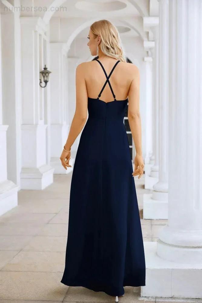 Ladies Chiffon Spaghetti Strap V Neck Front Slit Floor Length Bridesmaid Evening Dress Prom Party Wedding Evening Dress 28116 by numbersea