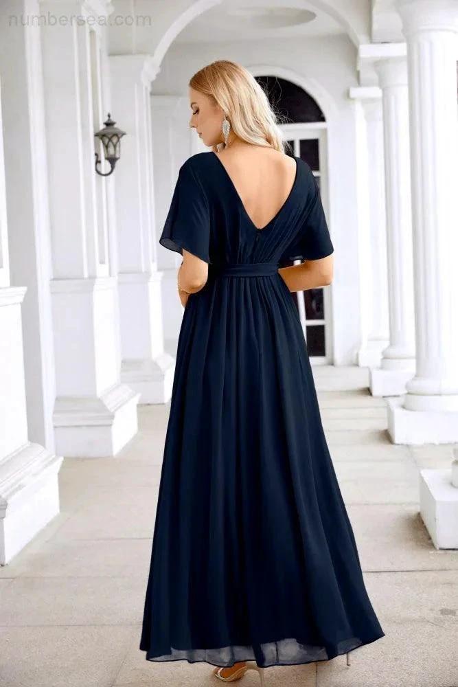 Ladies Chiffon Sleeve Crew Neck Front Slit Floor Length Bridesmaid Evening Dress Wedding Party Evening Dress 28124 by numbersea