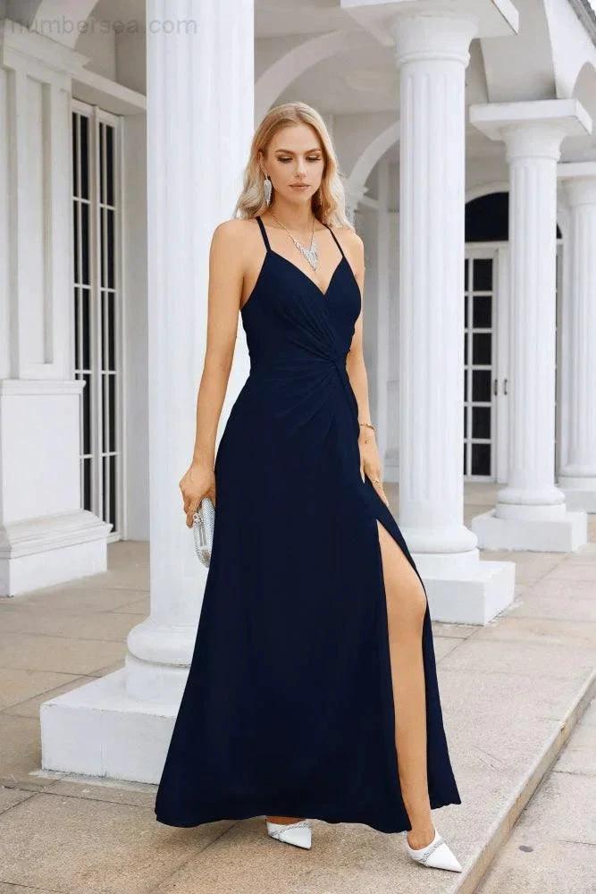Ladies Chiffon Spaghetti Strap V Neck Front Slit Floor Length Bridesmaid Evening Dress Prom Party Wedding Evening Dress 28116 by numbersea