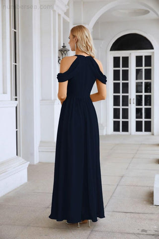 Ladies Chiffon Off Shoulder Swing Sleeve Front Slit Bridesmaid Evening Dress Wedding Party Evening Dress 28117