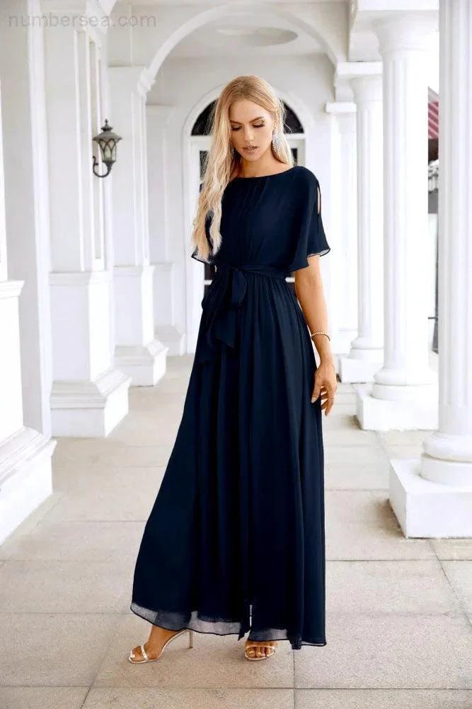 Ladies Chiffon Sleeve Crew Neck Front Slit Floor Length Bridesmaid Evening Dress Wedding Party Evening Dress 28124 by numbersea