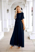 Ladies Chiffon Sleeve Crew Neck Front Slit Floor Length Bridesmaid Evening Dress Wedding Party Evening Dress 28124 by numbersea