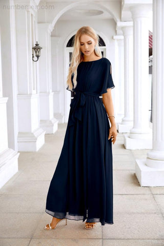 Ladies Chiffon Sleeve Crew Neck Front Slit Floor Length Bridesmaid Evening Dress Wedding Party Evening Dress 28124