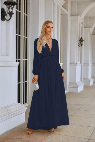 Ladies V Neck Chiffon Long Sleeve Front Slit Bridesmaid Evening Dress Wedding Party Shopping Evening Dress 28109