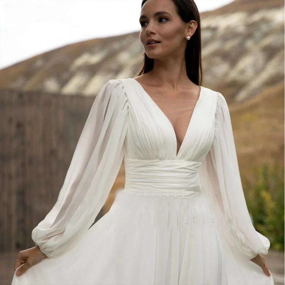 Simple Puff Sleeve Wedding Dress Bridal Long A Line Backless Beach Bride Gown Sweep Train Chiffon Robe De Mariée Vestidos by payinti