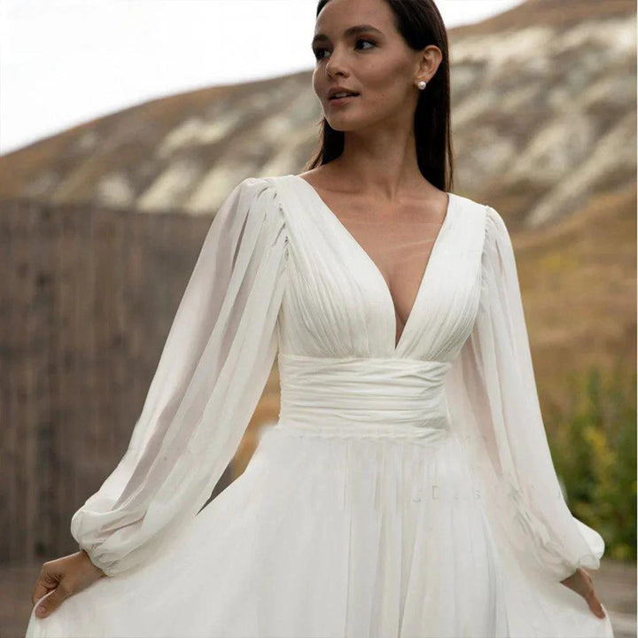 Simple Puff Sleeve Wedding Dress Bridal Long A Line Backless Beach Bride Gown Sweep Train Chiffon Robe De Mariée Vestidos by payinti