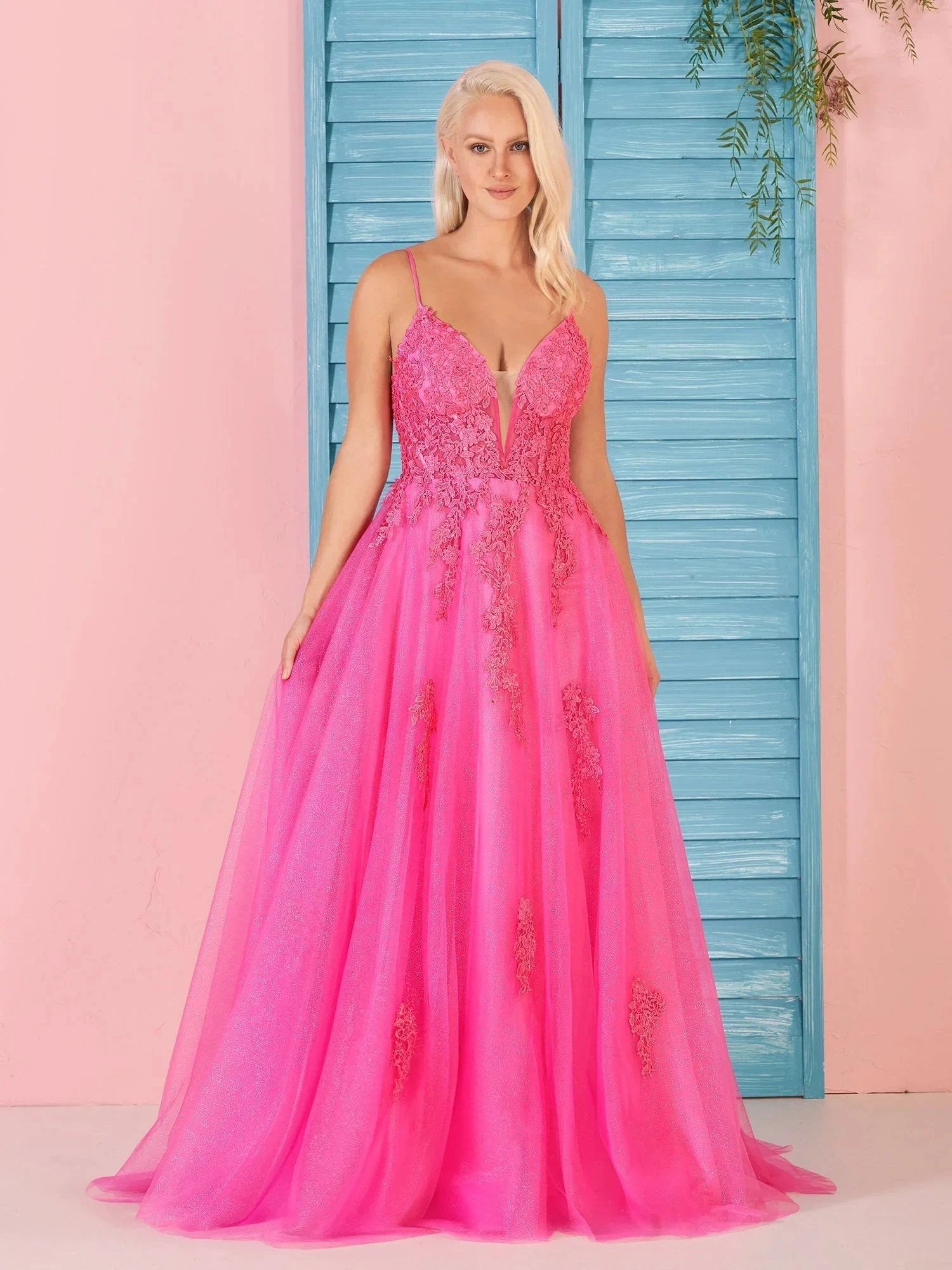 Angelina | A Line V Neck Pink Lace Long Prom Dress by KissProm