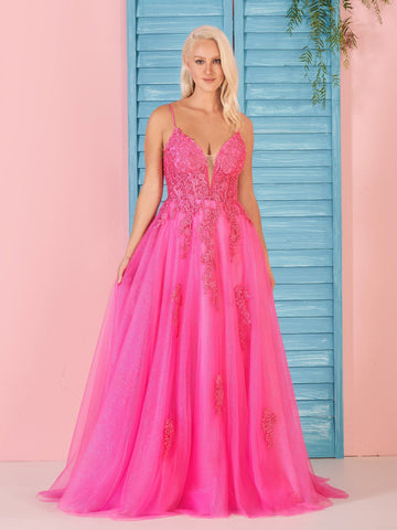 Angelina | Langes Ballkleid aus rosa Spitze in A-Linie mit V-Ausschnitt