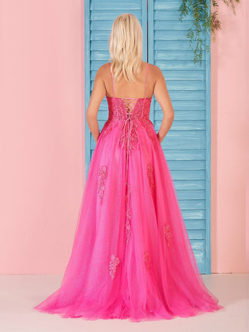 Angelina | Langes Ballkleid aus rosa Spitze in A-Linie mit V-Ausschnitt