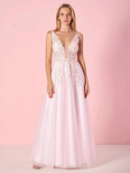 Elegant A-line V-Neck Tulle Floor-Length Prom Dress with Lace Appliques by Anne of Brittany