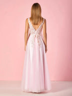Elegant A-line V-Neck Tulle Floor-Length Prom Dress with Lace Appliques by Anne of Brittany