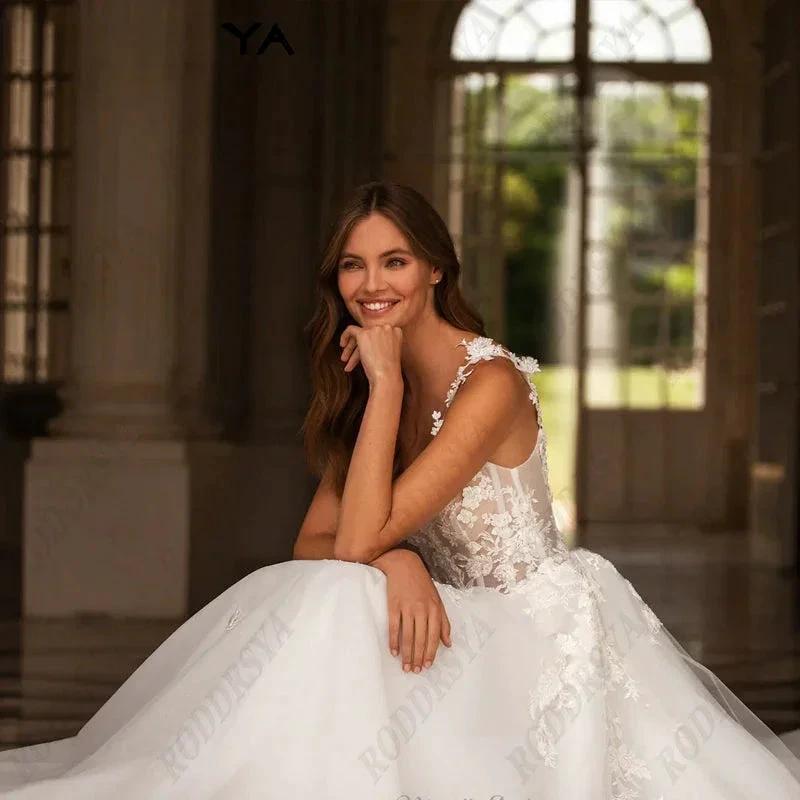Sexy V-Neck Backless Wedding Dress For Women Romantic Tulle Spaghetti Straps Bride Party A-line Sleeveless Bridal Gown by payinti