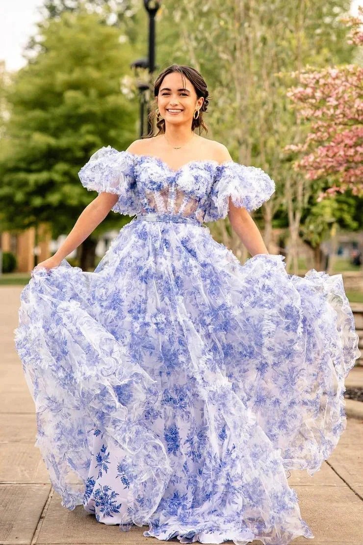 Sydney |A Line Sweetheart Printed Tulle Long Prom Dress by KissProm