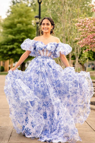 Sydney | Langes Ballkleid aus bedrucktem Tüll in A-Linie mit Herzausschnitt