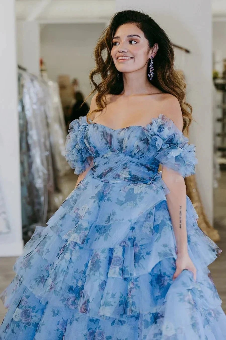 Sigourney | Blue Floral Tiered A-Line Long Prom Dress with Ruffles by KissProm