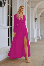 Ladies V Neck Chiffon Long Sleeve Front Slit Bridesmaid Evening Dress Wedding Party Shopping Evening Dress 28109 by numbersea