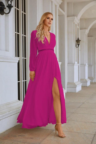 Ladies V Neck Chiffon Long Sleeve Front Slit Bridesmaid Evening Dress Wedding Party Shopping Evening Dress 28109