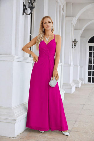Ladies Chiffon Spaghetti Strap V Neck Front Slit Floor Length Bridesmaid Evening Dress Prom Party Wedding Evening Dress 28116