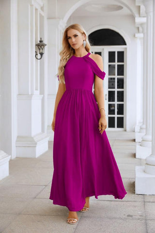 Ladies Chiffon Off Shoulder Swing Sleeve Front Slit Bridesmaid Evening Dress Wedding Party Evening Dress 28117