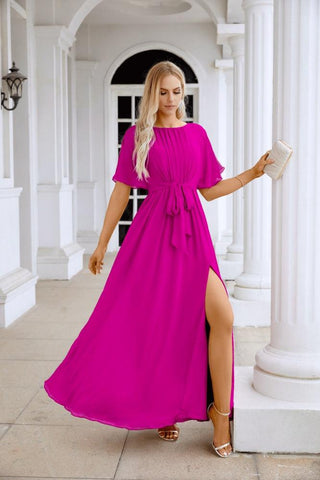 Ladies Chiffon Sleeve Crew Neck Front Slit Floor Length Bridesmaid Evening Dress Wedding Party Evening Dress 28124