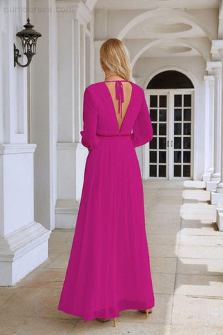 Ladies V Neck Chiffon Long Sleeve Front Slit Bridesmaid Evening Dress Wedding Party Shopping Evening Dress 28109
