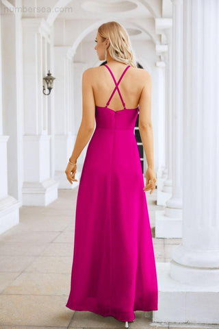 Ladies Chiffon Spaghetti Strap V Neck Front Slit Floor Length Bridesmaid Evening Dress Prom Party Wedding Evening Dress 28116
