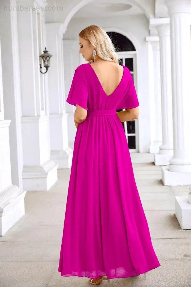 Ladies Chiffon Sleeve Crew Neck Front Slit Floor Length Bridesmaid Evening Dress Wedding Party Evening Dress 28124 by numbersea