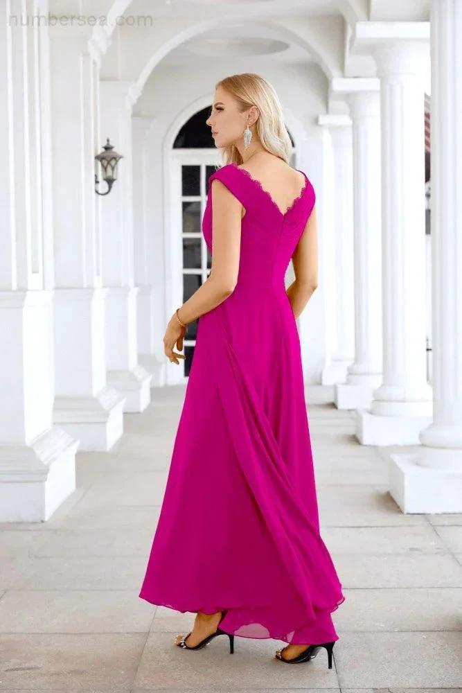 Ladies Chiffon V Neck Sleeveless Floor Length Bridesmaid Evening Dress Wedding Party Evening Dress 28126 by numbersea